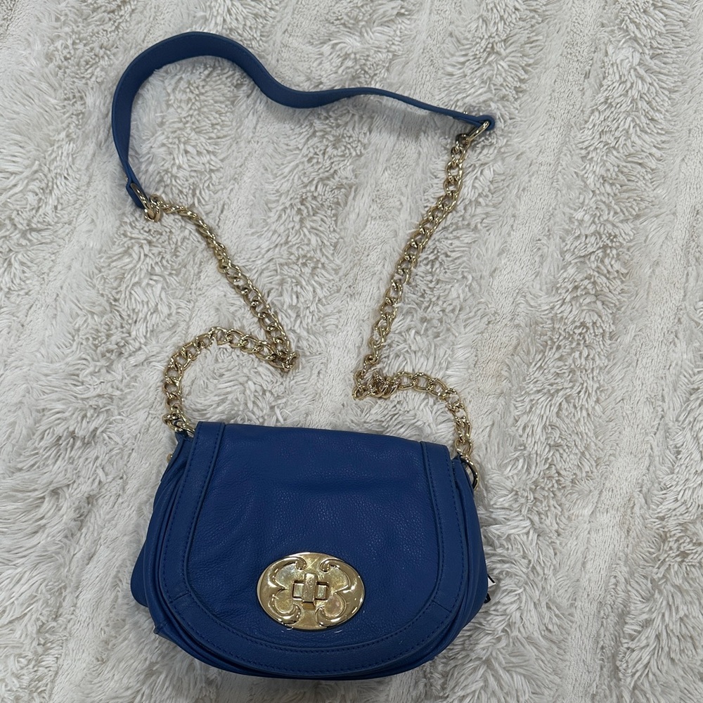 Blue Leather Shoulder Bag with Gold Chain